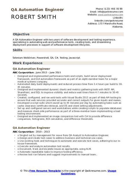 Sample Resume For Qa Automation Engineer Terrykontieb