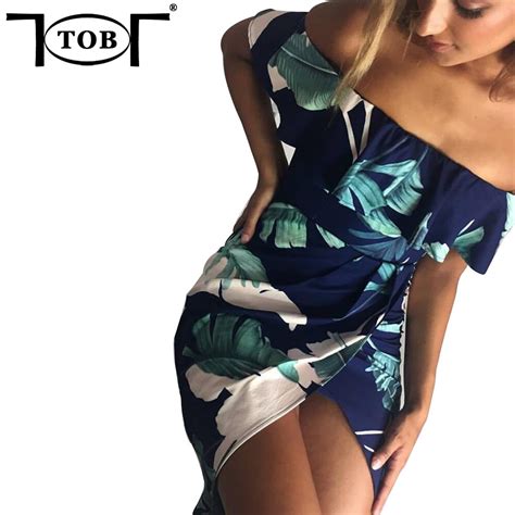 Tob Hot New Summer Dress Slash Neck High Slits Chiffon Big Flower Print