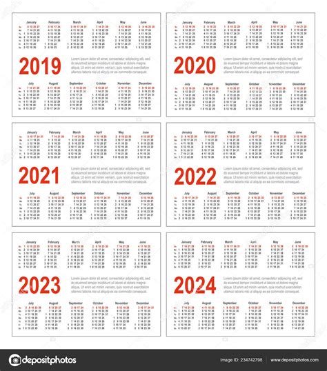 Calendário Horizontal Simples Para 2019 2020 2021 2022 2023 E 2024