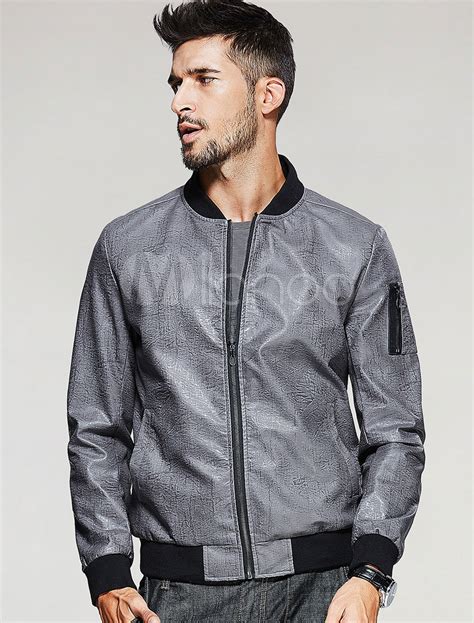 Grey Bomber Jackets Mens Stand Collar Long Sleeve Leather Jacket