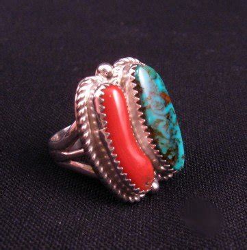 Native American Turquoise Coral Silver Ring Sz7 1 2 Gene Martha