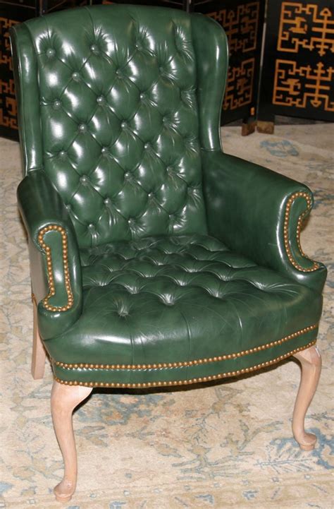 Add beauty to space by buying wingback chairs online. 021418: QUEEN ANNE GREEN LEATHER WINGBACK CHAIR : Lot 21418