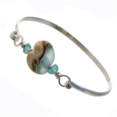 Waveside Aqua Beach Found Sea Glass Bangle Bracelet W Handmade Bead