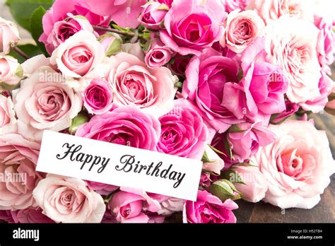 Happy Birthday Card With Bouquet Of Pink Roses Stock Photo Alamy