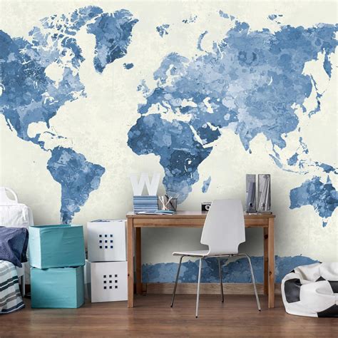 Watercolor World Map In Blue Wall Mural Watercolor World Map Etsy In
