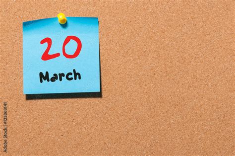 March 20th Day 20 Of Month Calendar On Cork Notice Board Background