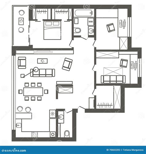 Architectural Sketch Plan Of Three Bedroom Apartment Stock Vector