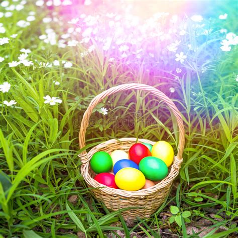 Basket Of Easter Eggs On Meadow Closeup Stock Image Image Of Colored