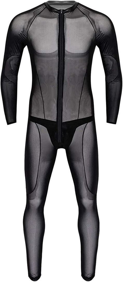 inhzoy men s mesh see through sheer lingerie long sleeves leotard bodysuit with g string briefs