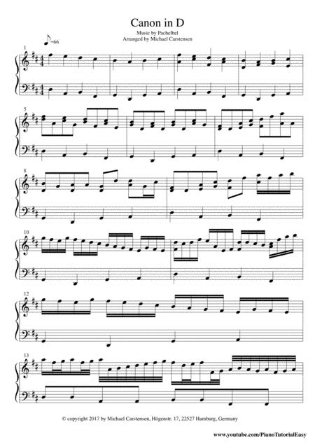 It may not be all from the original version and it may not sound the same at all, but it's my version of canon in d. Download Canon In D - Piano Tutorial Easy Sheet Music By Johann Pachelbel - Sheet Music Plus