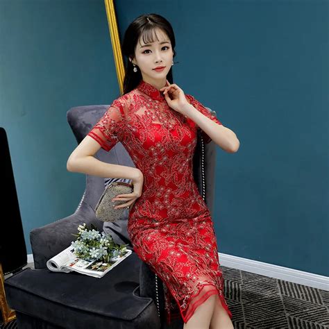 Hot Sale Lady Lace Sexy Cheongsam Red Chinese Vintage Short Sleeve Hollow Out Dresses Plus Size
