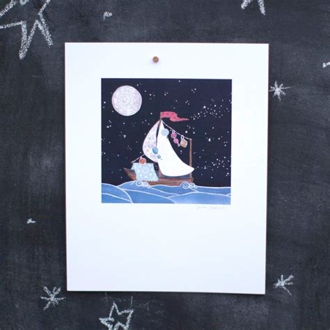 Boat Ship Sail Night Sky Stars Moon Cut Paper Dream Print Of Etsy