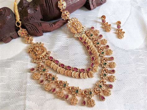 temple jewelry lakshmi coin necklace one gram gold indian etsy