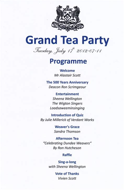 It seems like it's been 84 years since planning a party started with finding a venue, but the pandemic has shown us there are other ways to celebrate birthdays, milestones, or just the simple just keep in mind that was back when we actually needed to go places, so now it may be more of a guessing game. Programme of Grand Tea Party in Jute/weaving at Dundee ...