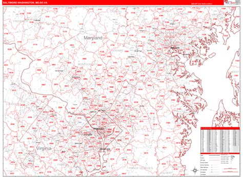 Baltimore Washington Md Metro Area Zip Code Wall Map Red Line Style By