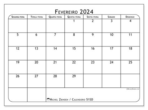 Calendário De Fevereiro De 2024 Para Imprimir “48sd” Michel Zbinden Pt