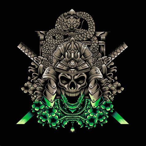 Samurai Skull With Japanese Dragon And Katana Illustration 13022353