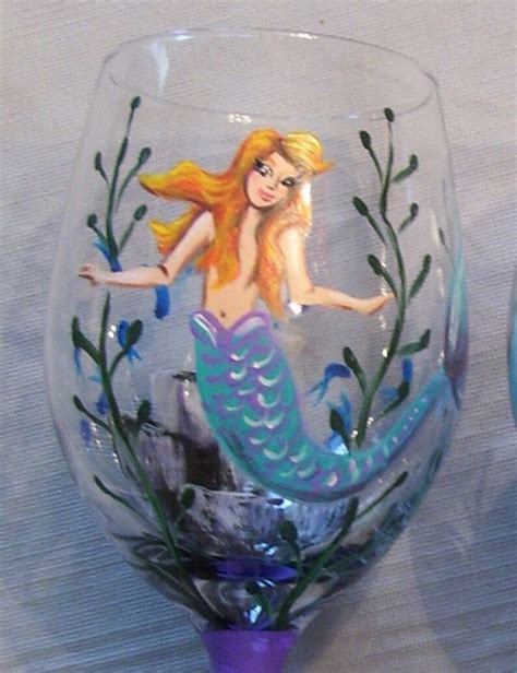 Mermaid Wine Glasses Male Female Hand Painted Set Custom Etsy