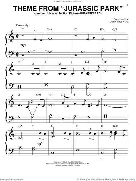 Williams Theme From Jurassic Park Sheet Music For Piano Solo Big