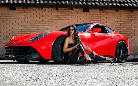 Wallpaper Women With Glasses Brunette High Heels Women With Cars Red Cars Super Car