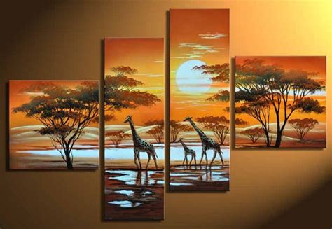 Handpainted Abstract African Landscape Paintings 4 Panel Pictures