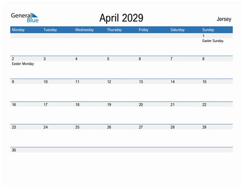 Editable April 2029 Calendar With Jersey Holidays