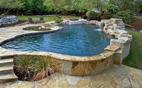 Beach Entry Pool With Waterfall Traditional Swimming Pool Hot Tub