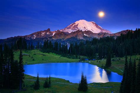 Washington Lake Mountains Landscape Moon Moonlight Night Reflection