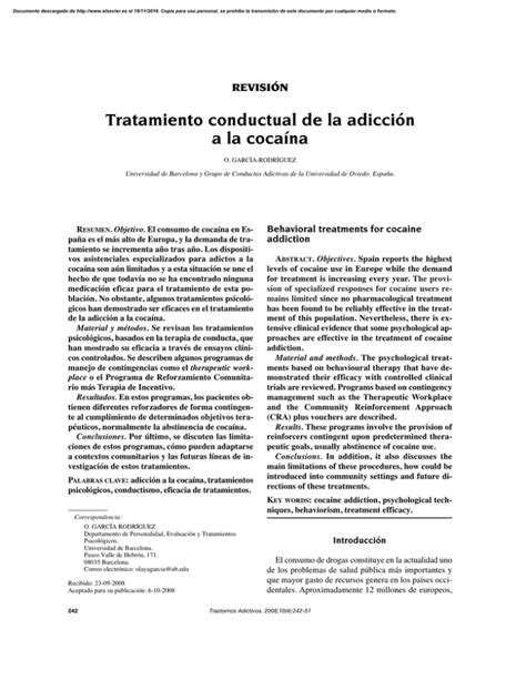 Tratamiento Conductual De La Adicción A La Cocaína