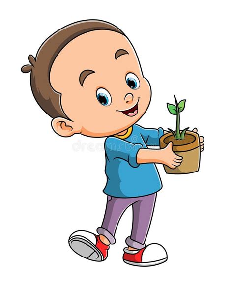 The Happy Boy Is Holding The Plant On The Pot Stock Vector