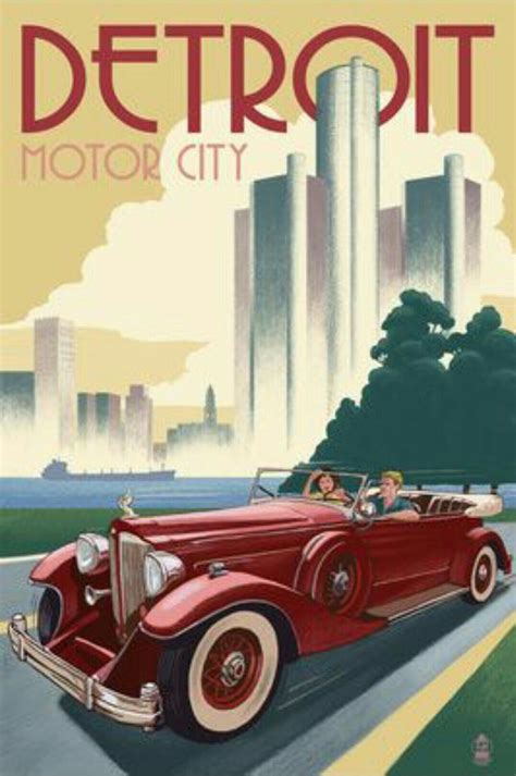 Gorgeous Art Deco Detroit Motor City Poster Retro Travel Poster Vintage Travel Posters