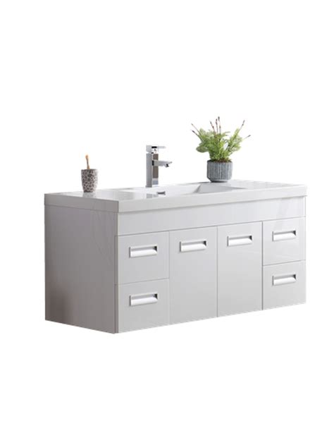 With its floating design and glam hardware, this vanity finishes off your bathroom reno with sleek modern style. Alma 48" Glossy White Wall Hung Modern Bathroom Vanity - Bathroom Vanities Wholesale Inc