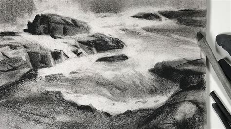 Charcoal Drawing Study Of Seashore Landscape For Watercolor Painting