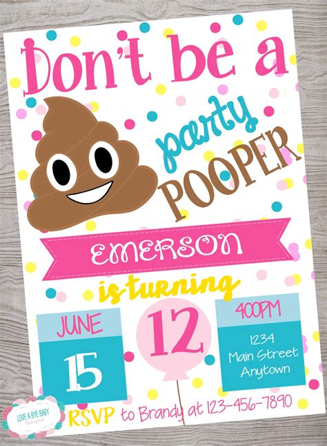 Party Pooper Poop Emoji Girl Birthday Party Invitation Etsy