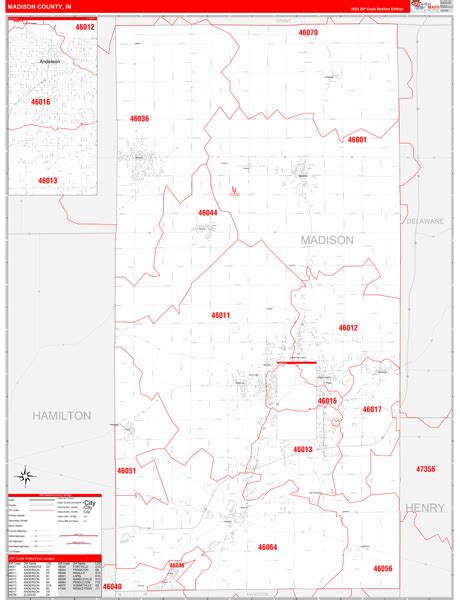 Madison County In Zip Code Wall Map Red Line Style By Marketmaps