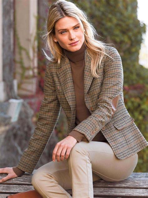 love this classic tweed jacket over tan turtleneck sweater and beige