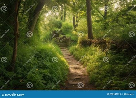 Peaceful and Serene Hiking Trail Surrounded by Lush Greenery Stock