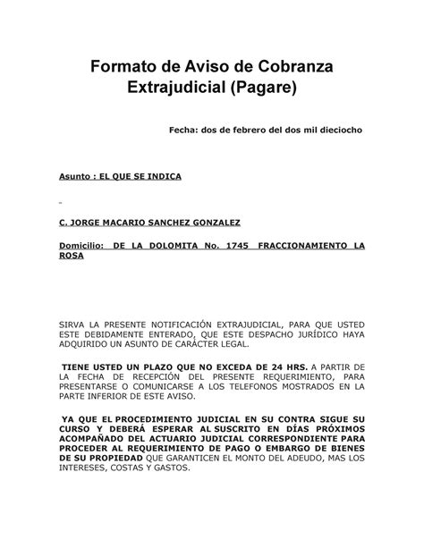 Carta De Cobrranza Judicial Formato De Aviso De Cobranza