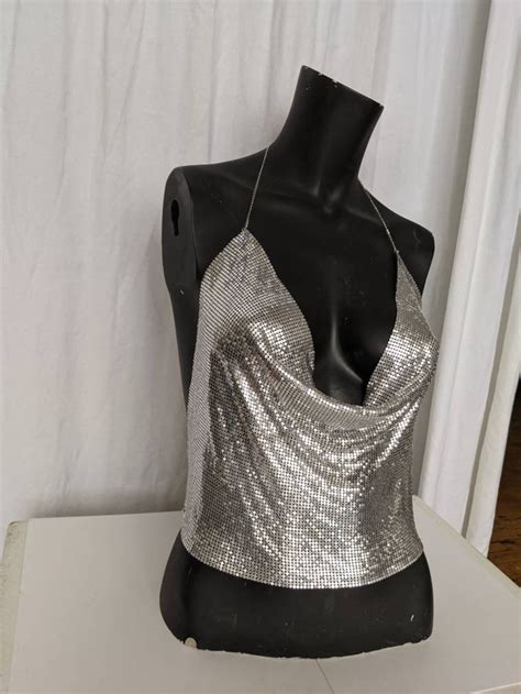 Metallic Silver Halter Top With Chain Straps One Size Small Etsy