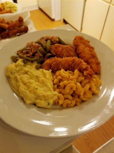 Chicken Tenders Mashed Potatoes Bacon Green Beans And Mac And Cheese