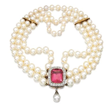 Natural Pearl Cultured Pearl Tourmaline And Diamond Necklace Late
