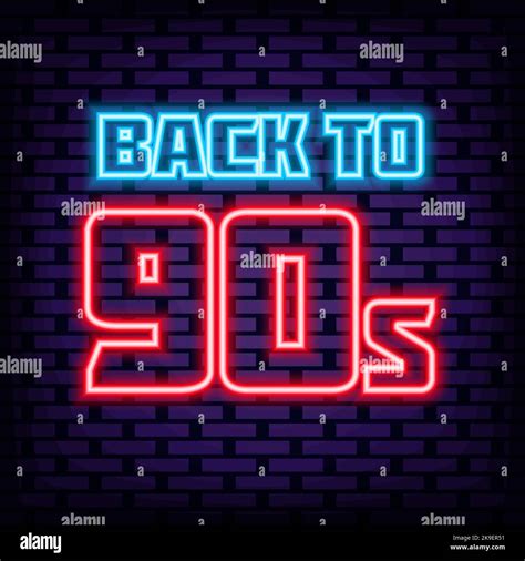 Back to 90s Neon sign. On brick wall background. Night bright