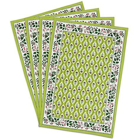 Apple Green Indian Décor Table Placemats Set Of 4 Cotton Canvas Floral