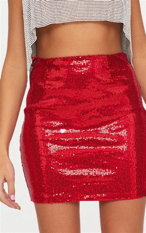 Red Sequin Mini Skirt Prettylittlething Ie