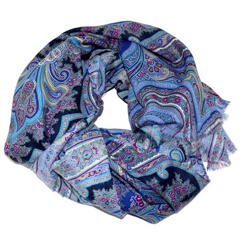 Bright Blue Cashmere And Silk Scarf Colorful Paisley Print Handmade In