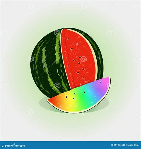 Rainbow Watermelon Slice Near Ordinary Green and Red Watermelon Vector