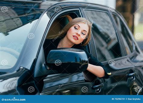 Girl Drive A Car And Look From Window On Traffic Stock Image Image Of