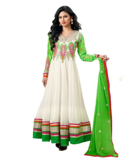 Desi Girl White Pure Georgette Anarkali Embroidered Dress Material