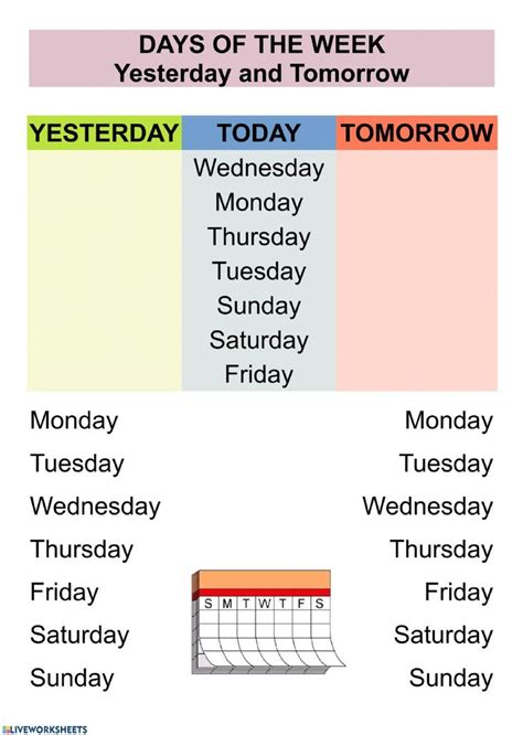 Days Of The Week Yesterday And Tomorrow Interactive Worksheet