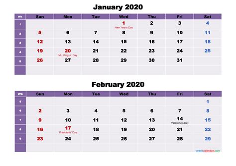 January And February Calendar 2020 Printable Word Pdf